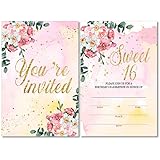Floral Gold Foil Sweet Sixteen Birthday Party Invitations with Envelopes Set of 20 Gold Glitter Pink Flowers Sweet 16 16th Birthday Party Invites