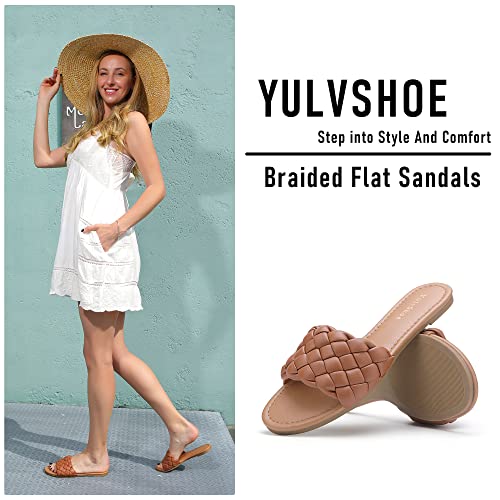 YULVSHOE Women's Braided Flat Sandals Fashion Woven Open Toe Slip On Slides Strappy Beach Sandals Slippers For Summer4