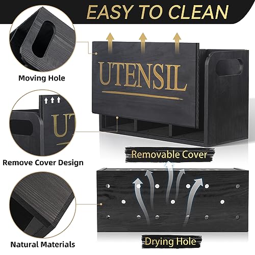 Black Wooden Kitchen Utensil Holder with 3 Compartment Larger Utensil Holder for Kitchen Counter Removable Cover for Efficient Utensil Organizer and Cooking Tools Storage, KUH_05 - Image 4