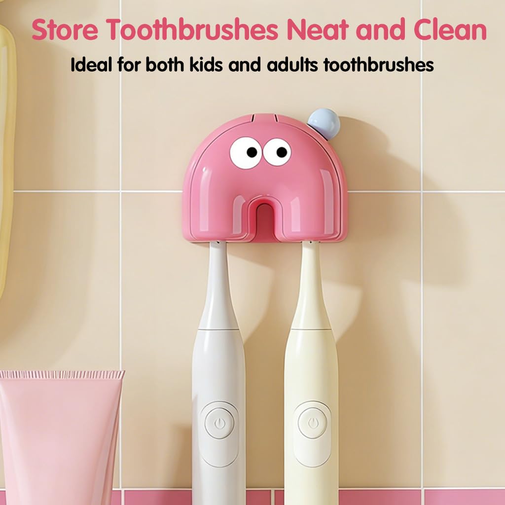 HASTHIP® Cute Toothbrush Holder Bathroom, Wall Adhesive, 2 Slots, Pink Lid — Amazon image 6