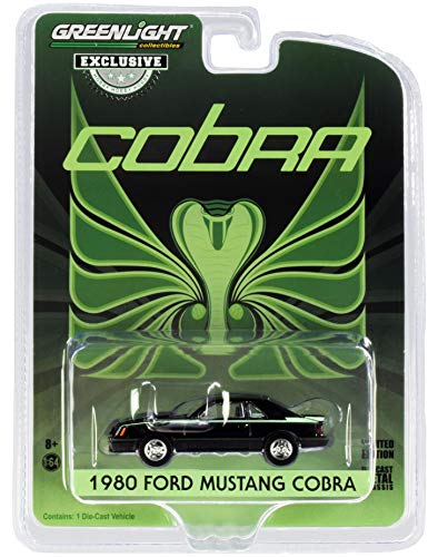 1980 Ford Mustang Cobra Black with Green Cobra Hood Graphics and Stripe Treatment Hobby Exclusive 1/64 Diecast Model Car by Greenlight 30228