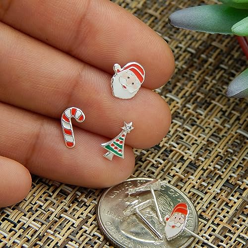 925 Sterling Silver (SET OF 3) Crystals Christmas Tree Santa Claus Candy cane Stud Earrings 284682