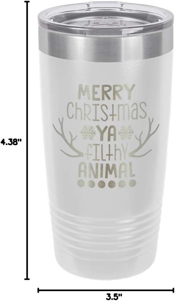 MERRY CHRISTMAS YA FILTHY ANIMAL White 20 oz Drink Tumbler With Straw | Holiday Party Cup With Fun Christmas Quotes | Engraved Stainless Steel Travel Mug | OnlyGifts.com