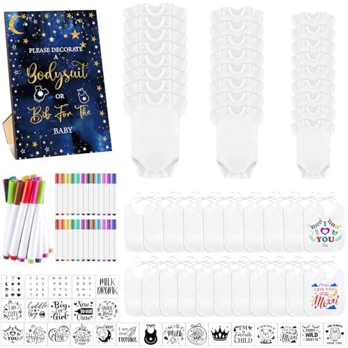 Panitay 100 Pcs White Baby Bodysuits Bibs Kit 25 Guests, Twinkle Star