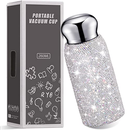 Vesici Rhinestone Water Bottle, Bling Diamond Water Bottle Christmas Gifts for Women Stainless Steel Thermal Bottle Refillable Insulated Cup Glitter Water Bottles for Women Bottles, 260 ml(White)