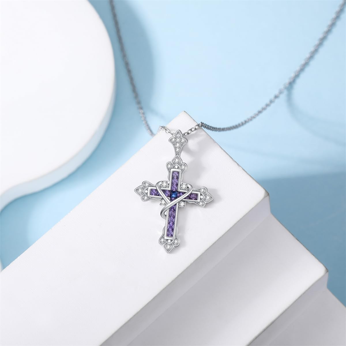 Cross Necklace for Women 925 Sterling Silver with Colored Gemstone Pendant for Mom Wife Her - Image 4