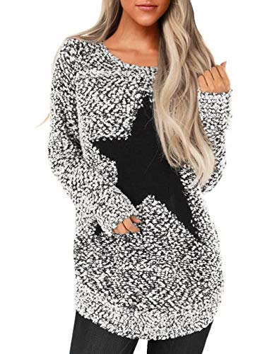 luvamia Women's Long Sleeve Crewneck Sweaters Loose Knit Cute Star Printed Pullover Sweaters Black Size Medium (Fits US 8-10)
