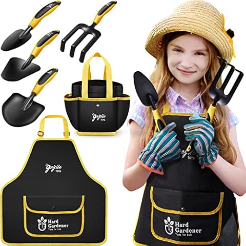 Geyiie Toy Kids Gardening Set, Kids Gardening Tools Set for Toddler Girls Boys Ages Up 3+ with Garden Shovel, Rake, Trowel, Tote Bag, Apron with Pockets, Outdoor Indoor Gifts Toys Sets Kit (6PCS) Cover