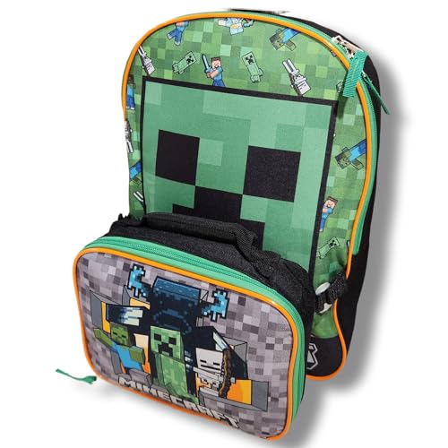 Bioworld Mochila infantil Minecraft de 40,6 cm com lancheira, Verde, Large, Mochila