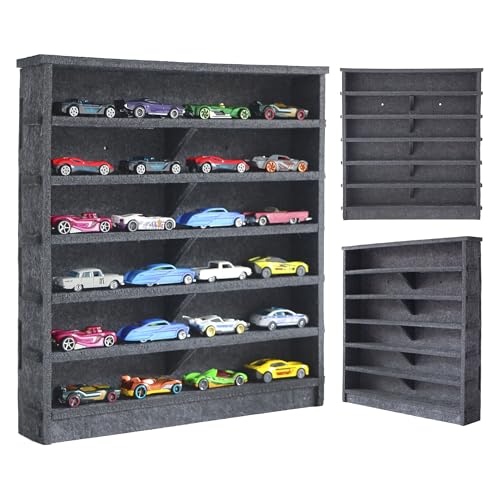 Assemblable Toy Cars Display Case for Kids, Portable Display Case Fit for Toy Cars Case & Matchbox Cars, Dampening Felt 24 Display Holder, Wall-Mounted Storage Organizer Case (Gray- New Version)