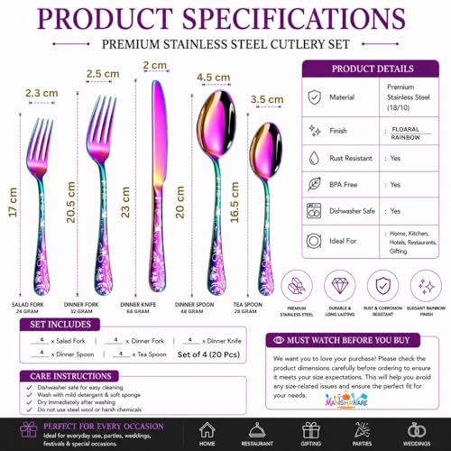 Image of Floral Rainbow 20 Pcs Stainless Steel Cutlery Set for Dining Table, Dishwasher Safe Glossy Flatware (4 Spoon Set+4 Forks Set+4 Butter Knife+4 Dessert Spoon+ 4 FruitFork)