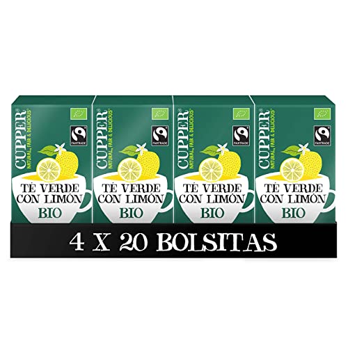 Cupper - Bolsitas de Té Verde Ecológico con Limón - Propiedades Antioxidantes y Diuréticas - Ideal entre Horas y para el Control del Peso - Apto para Veganos, 20 Unidad (Paquete de 4)