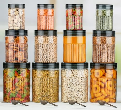 Image of Polypropylene Pet Food Storage Containers Set With Airtight Lids, Kitchen Organisation Jars For Pasta, Spices, Dry Goods, Stackable (12 Pcs BLACK)