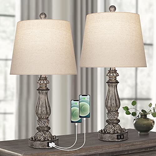 Bedside Lamps for Bedrooms Set of 2, Dimmable Touch Control Table Lamp for Living Room, Traditional Rustic Farmhouse Bedroom Lamps Sets with 2 USB Ports, Nightstand Desk Bed Lamps, Bulbs Included