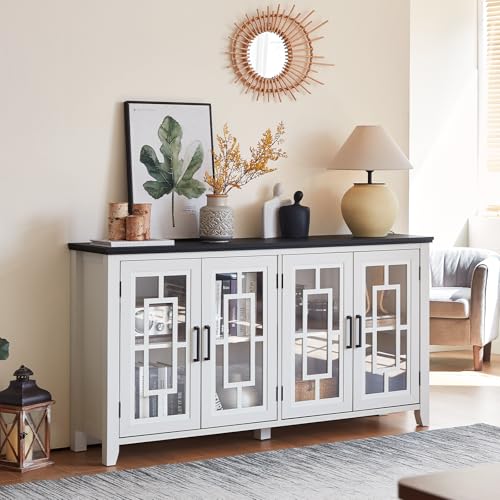 Large-Sideboard-Buffet-Cabinet-with-Storage-63-Farmhouse-White-Kitchen-Coffee-Wine-Bar-Cabinet-with-4-Glass-Doors-Wood-Mid-Century-Modern-Side-Board-Table-for-Dining-Room-Living-Room Large Sideboard Buffet Cabinet with Storage 63 Farmhouse White Kitchen Coffee Wine Bar Cabinet with 4 Glass Doors Wood Mid Century Modern Side Board Table for Dining Room Living Room