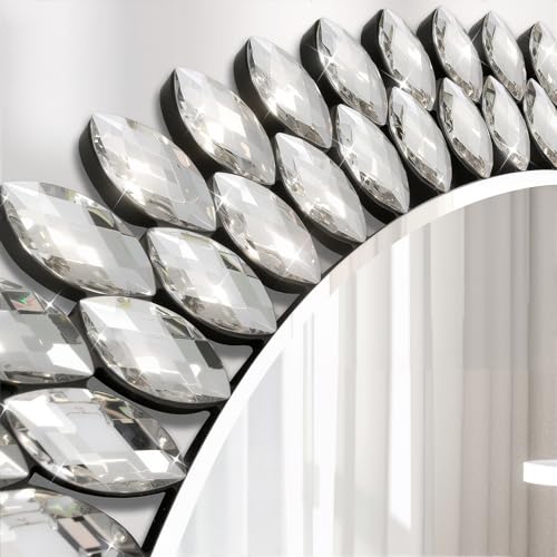 Image of 26 Inch Round Mirrors for Wall Decor, Luxury Diamond Entryway Mirrors for Wall, Silver Decorative Mirror for Living Room, Bedroom, Bathroom, Dining Room, Fireplace