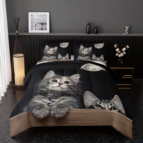 Nttopship Kids Cat Comforter Bedding Set 3P, Grey