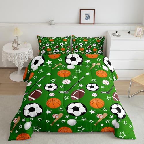 Image of Feelyou Sports Theme Bedding Set Queen Size Basketball Football Baseball Hockey Comforter Set for Kids Boys Girls Teens Toddler Ball Games Duvet Set Green Quilt Set 2Pcs
