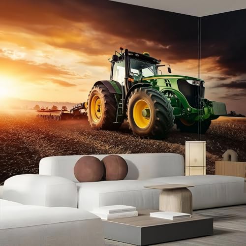 Fotomurales de pared de seda para tapar imperfecciones con paisaje de tractor en tonos naranja 3