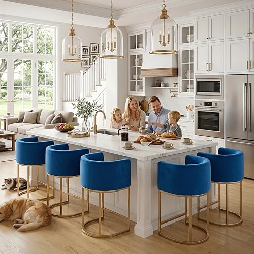 Image of HNY Modern Counter Height Velvet Fabric Upholstered Counter Stool, 24 Inch Kitchen Island Stool with Gold Finish Metal Frame, Navy Blue