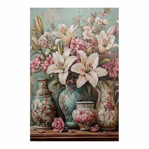 Vase de lys et montagne tableau vert vintage pour créer un salon chaleureux nature morte 70x100