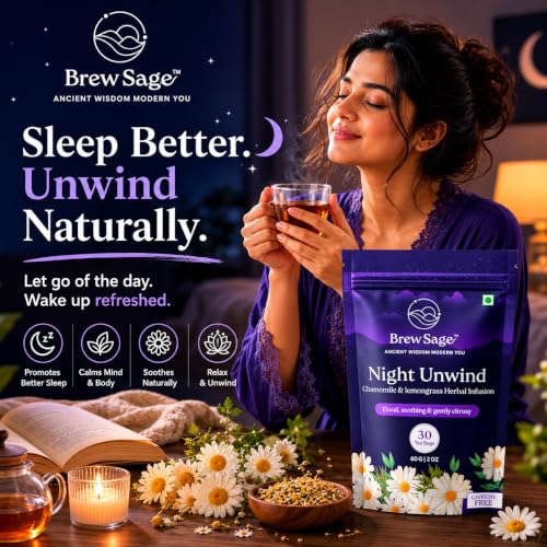 Image of BREW SAGE Night Unwind Herbal Tea | Chamomile & Lemongrass for SLEEP, STRESS RELIEF & RELAXATION | Caffeine & Sugar-Free Bedtime Tea for Good Sleep | Vegan, GMP Certified, 30 Tea Bags, Plant based