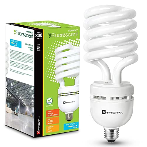 Xtricity Compact Fluorescent Spiral Light Bulb, CFL T5 Spiral Light Bulbs, 4100K Cool White, 65W (300 Watt Equivalent), 4000 Lumens, E26 Medium Base, 120V, UL Listed