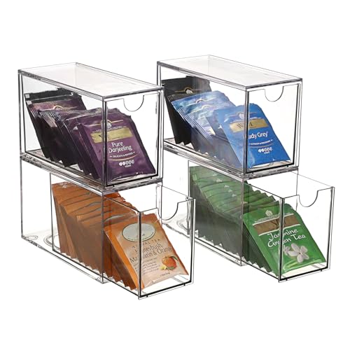 OGANAZI 4er Durchsichtig Teebeutel Organizer Acryl Aufbewahrungsbox mit Schubladen Stapelbar Schubladenboxen für Kaffeekapseln, Zucker, Schreibwaren, Kosmetik, Schmuckstück im Küche, Wohnzimmer, Büro