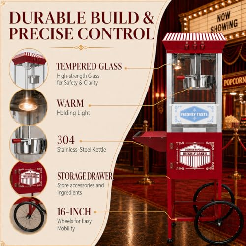 Image of 12 Oz Commercial Popcorn Machine Cart, 800 W, Popcorn Maker Machine with Stainless-Steel Kettle, Movie Theater Popcorn Machine with Steel Frame Tempered Glass Doors & Heated Warming Deck, Red