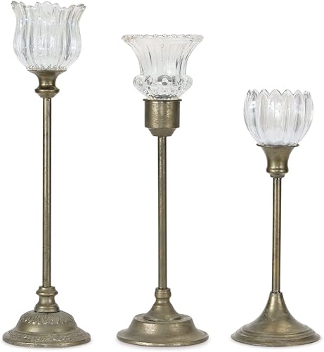 Melrose 80041 - Portavelas de metal y vidrio de 185 pulgadas 2225 pulgadas 24 pulgadas color bronce juego de 3 disponible en Yaxa Guatemala