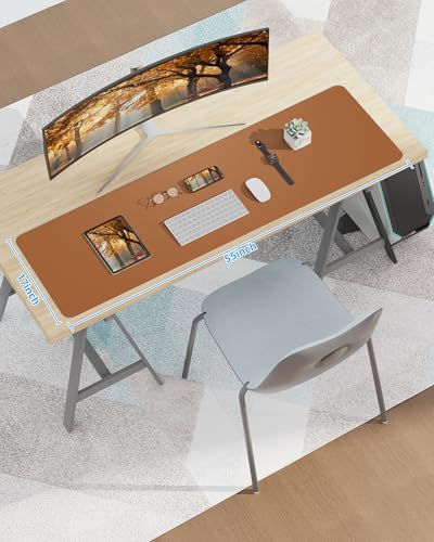 Image of Leather Desk Pad Protector, Mouse Pad, Office Desk Mat, Non-Slip PU Leather Desk Blotter, Large Desk Mat, Waterproof Keyboard Mat for Office /Home /Decor (Light Brown, 55 inch x 17 inch)