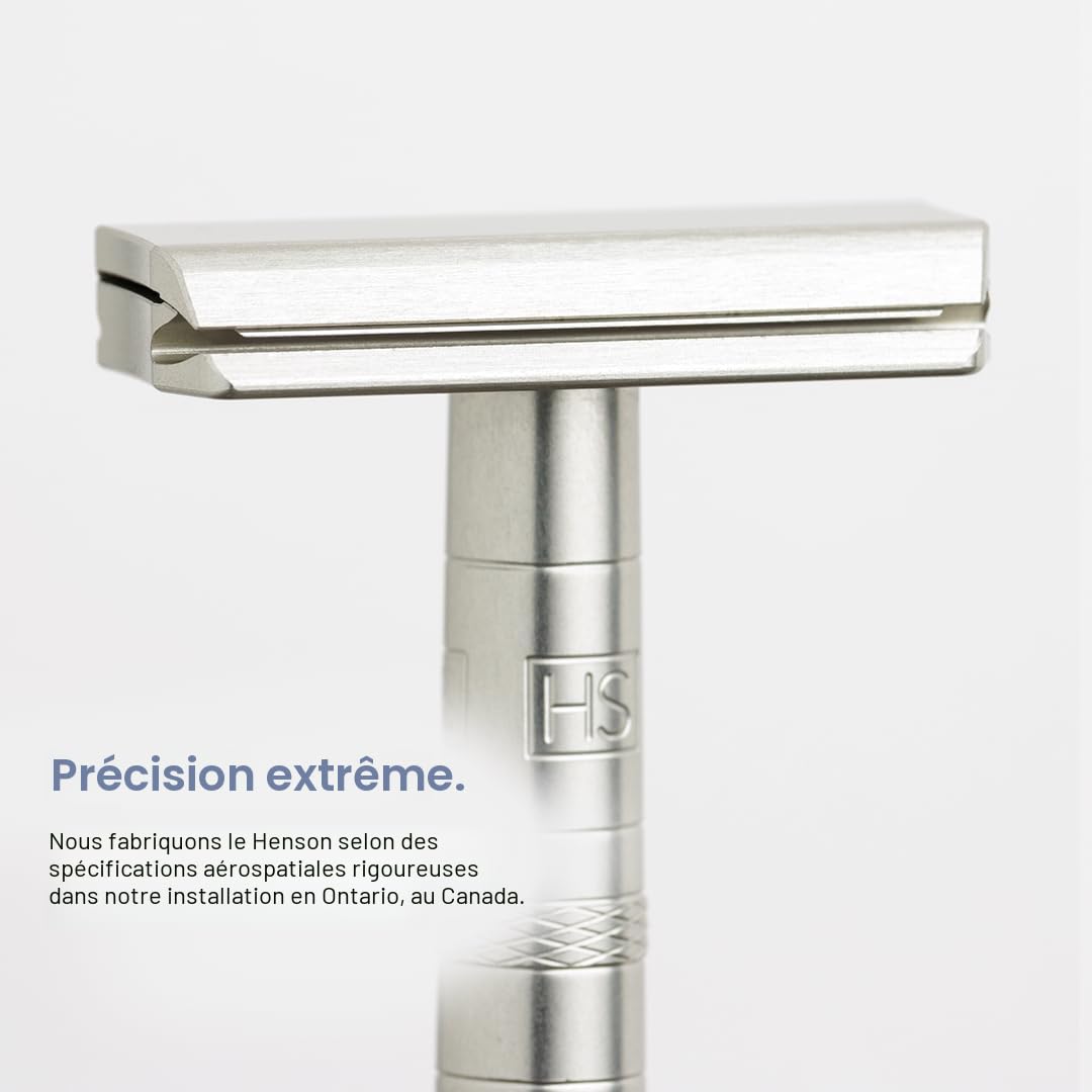 Henson Shaving Rasoir de sécurité double tranchant en aluminium avec 5 lames de rechange – Précision coudée à 30° avec une rigidité de lame supérieure – Rasoirs à lame unique réutilisables pour homme