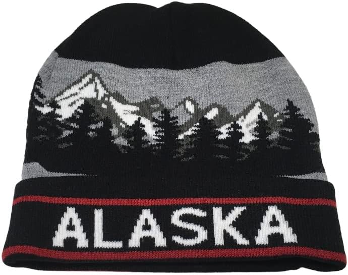 Alaska Beanie Knit Hat Mountain Landscape Black