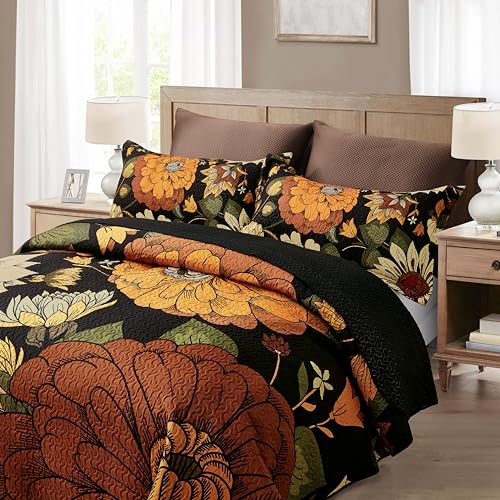 Image of Tyrot 3 Piece Black Boho Floral Full /Queen Quilt Sets Reversible Farmhouse Botanical Lightweight Bedspread Coverlet with 2 Shams Mid Century Microfiber Bedding Quilts Set for All Season,90''x96''