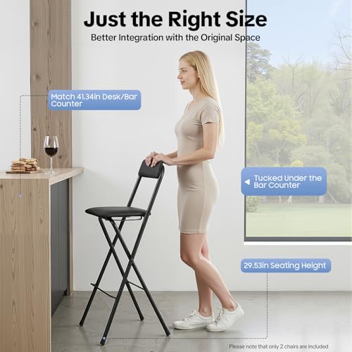 Image of 2Pcs Folding Bar Stool with Backrest, 30 Inch Tall Foldable Stool Chair Metal Frame Portable Chairs Portable Bar Chair Collapsible Stools Barstools w /Leather Padded for Kitchen Shop Cafe (2PCS /Black)