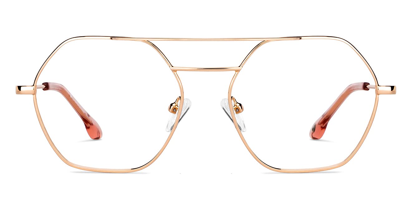 John Jacobs | Blue Cut & Antiglare Zero Power Computer Eyeglasses | Rose Gold Full Rim Hexagonal Shape | For Women | Medium | JJ E14125