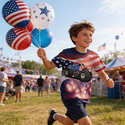 Image of Boys 4th of July Shirt American Flag Tshirt for Kids USA Flag Outfits Toddler Patriotic Tee Monster Truck Top T-Shirt 3-10T