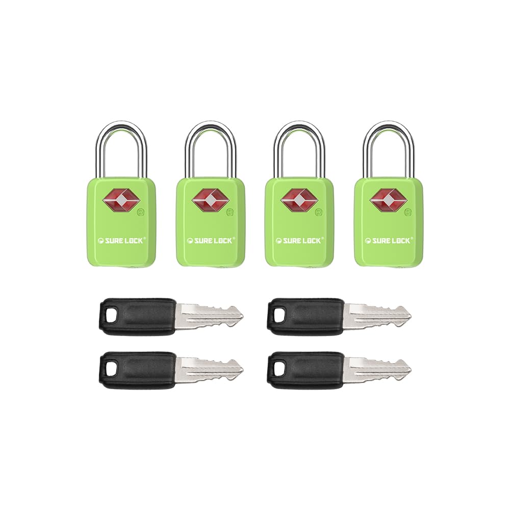 SURE LOCK TSA Approved Luggage Locks - One Key Opens All, Compact & Durable Zinc Alloy Travel Lock with Steel Shackle, Keyed Alike (Green 4 Locks, Mini Size for Suitcase/Backpack/Gym Locker)