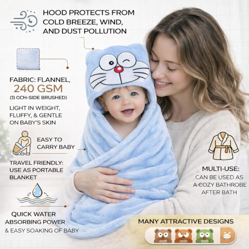 Image of First KickFirst Kick New Born Baby Blanket Pack of Super Soft Bathrobe Wrapper Bath Towel for Boys, Girls, Babies (Sky Blue Smiley, Length 82 cm x Width 82 cm, 0-12 Months)