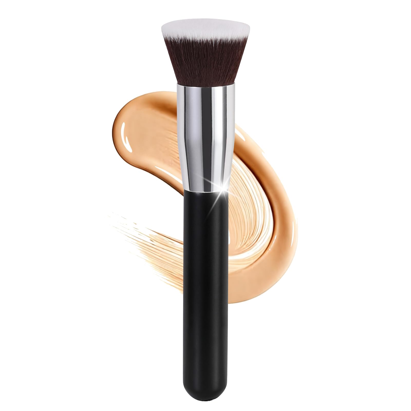 Flat Top Kabuki Foundation Brush，5.7” Premium Synthetic Kabuki Makeup Brush Flawless for Liquid, Cream, and Powder with Dense, Soft Bristles for Face Buffing, Contouring, Sculpting & Blending（Black)