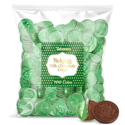 Belgian Chocolate Coins Candy Bulk 100 Pack - St Patricks Day Green Foil Wrapped Milk Chocolate Coins Candy For Party Favors Gift Bags & Treats