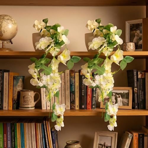 Image of Dekorly Premium Artificial Hanging Garland with Pot - 100cm Vine, 10cm Decorative Pot for Table | Shelf & Wall Decor (2, White)