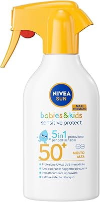 NIVEA SUN Kids Sensitive Protect & Play SPF 50+ 250 ml, Crema solare spray 50+ bambini e neonati dai 6 mesi in su, Crema solare bambini resistente all'acqua, Protezione per pelle sensibili e delicate