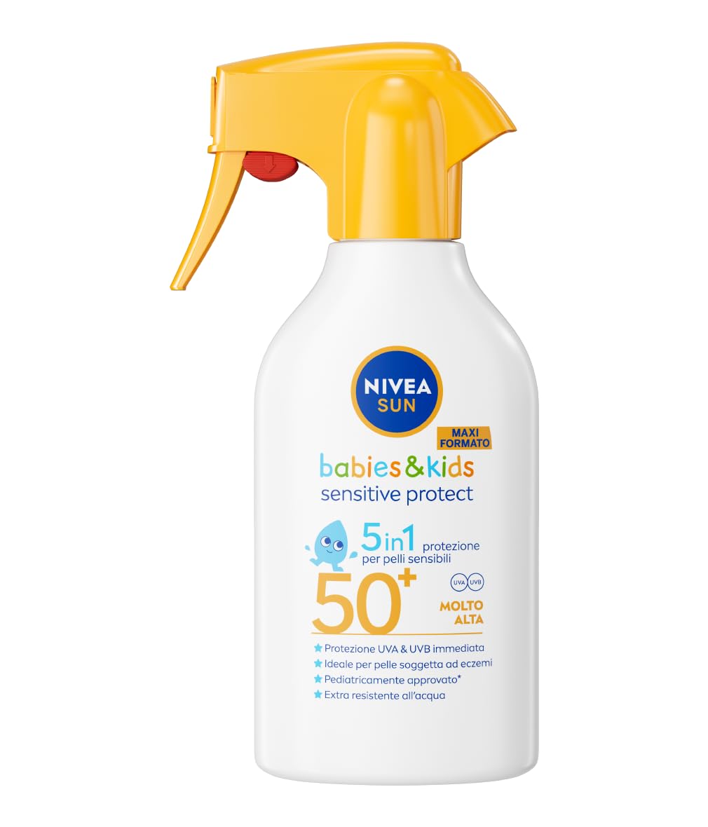 NIVEA SUN Kids Sensitive Protect & Play SPF 50+ 250 ml, Crema solare spray 50+ bambini e neonati dai 6 mesi in su, Crema solare bambini resistente all'acqua, Protezione per pelle sensibili e delicate