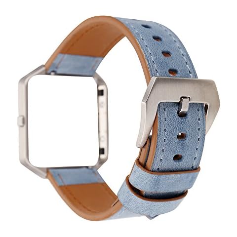 Gimartuk Genuine Leather Watch Band Floral Wrist Strap Bracelet for Fitbit Blaze with Metal Steel Frame (Blue) Cover