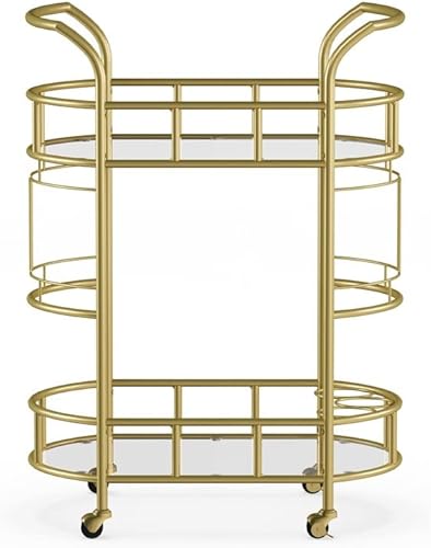 Miniatura 2 de SLNFXC - Carrito de bar, metal dorado y cristal, con ruedas y asa, para cocina, club, sala de estar, bar