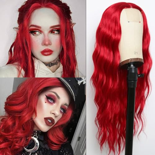 Perruque synthétique rouge ondulée longue 61 cm raie au milieu femme