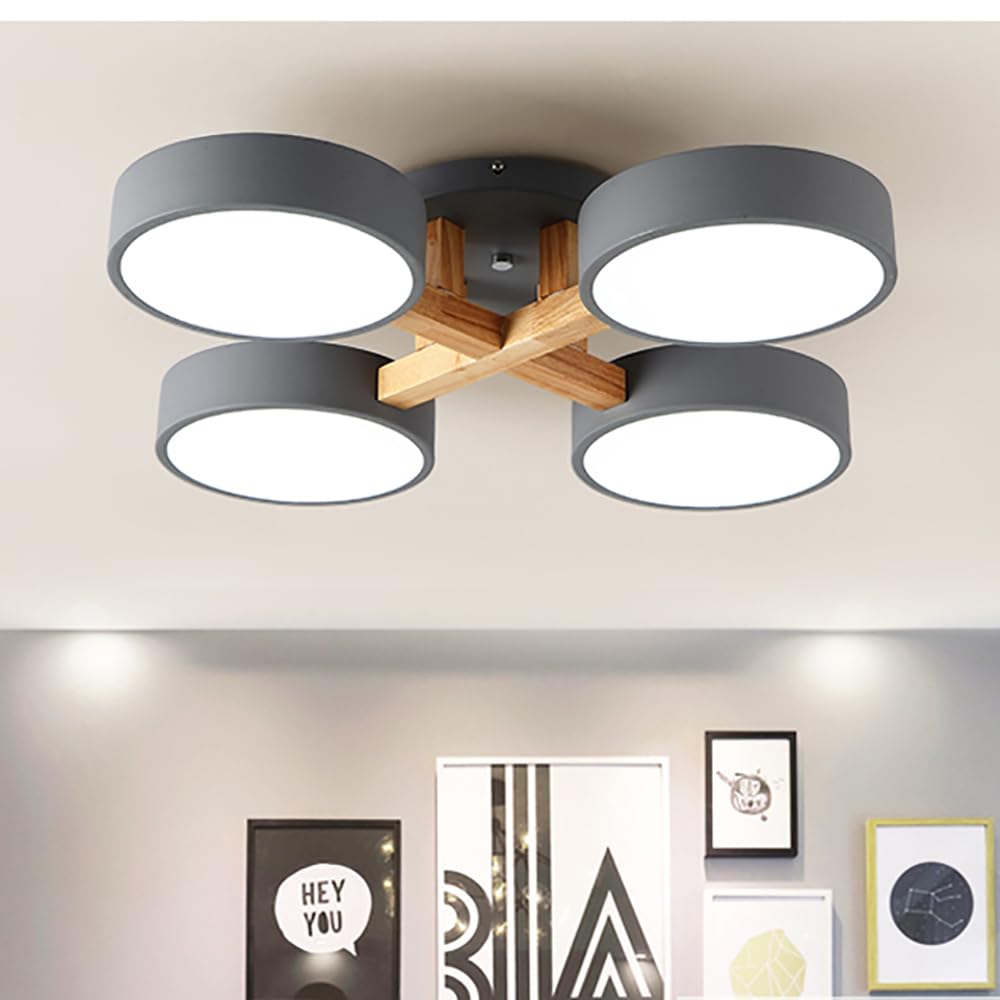 Lampa sufitowa LED, 4 światła, 61 cm, nowoczesna, podtynkowa, drewniana, 44 W, do salonu, sypialni, kuchni, kuchni, ściemniania, regulowana temperatura barwowa, szara