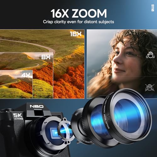 NBD 5K 64MP Digital Cameras for Photography - 16X Zoom with Autofocus, WiFi & App Control, Anti-Shake, 180° Flip Screen, Includes 64GB TF Card, 52mm Wide Angle and Macro Lens (Graphite) - Image 5