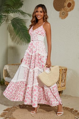 Women Floral Maxi Dress Spaghetti Straps V Neck Lace Patchwork Flowy Tiered Wedding Guest Long Dresses2